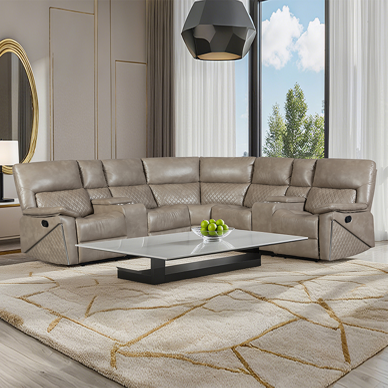 5 Piece manual reclining sectional corner sofa with cup holders in brown