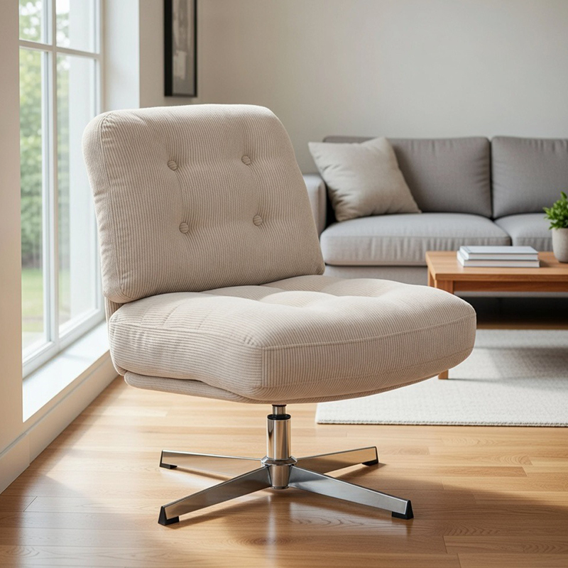 Armless office desk chair no wheels, corduroy padded modern swivel vanity chair office chair