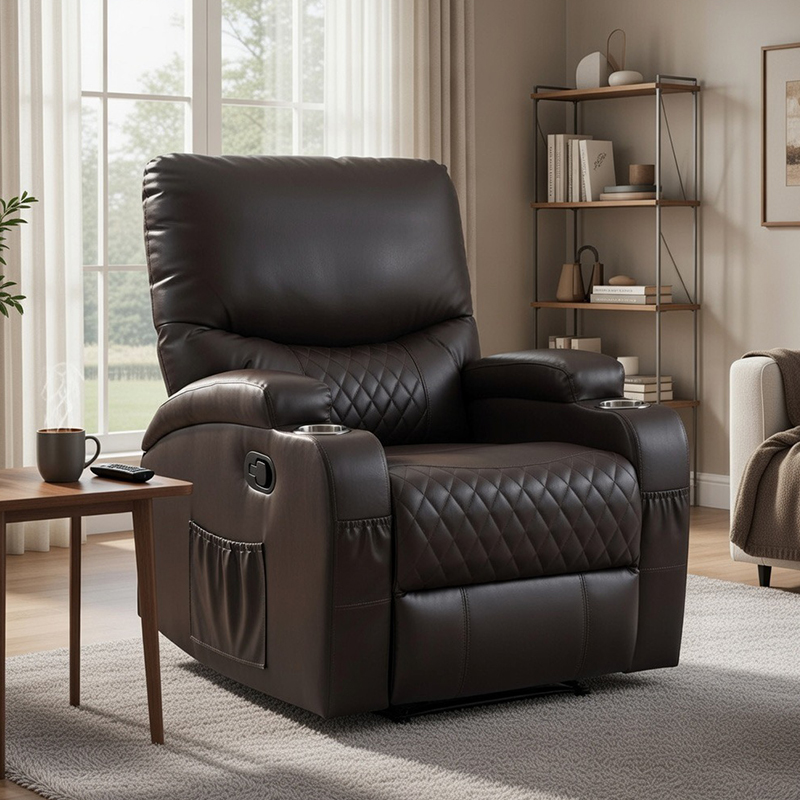Overstuffed Faux Leather Manual Recliner Chair with Two Cup Holders