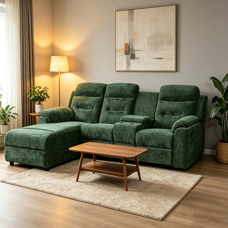 3 Person Green Manual Reclining Chaise Sectional with Storage Console
